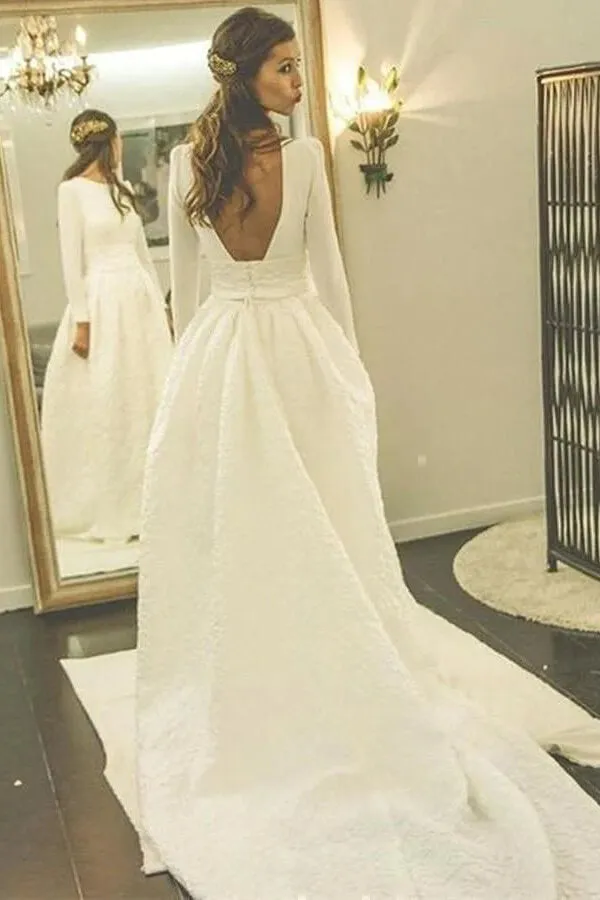 White Ball Gown Long Sleeves Backless Wedding Dresses With Pocket, MW968