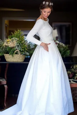 White Ball Gown Long Sleeves Backless Wedding Dresses With Pocket, MW968