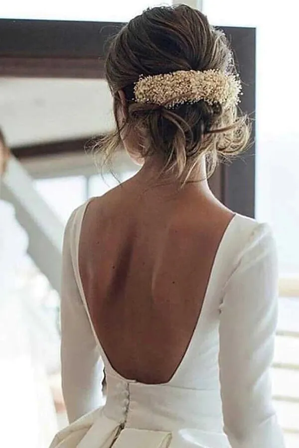 White Ball Gown Long Sleeves Backless Wedding Dresses With Pocket, MW968