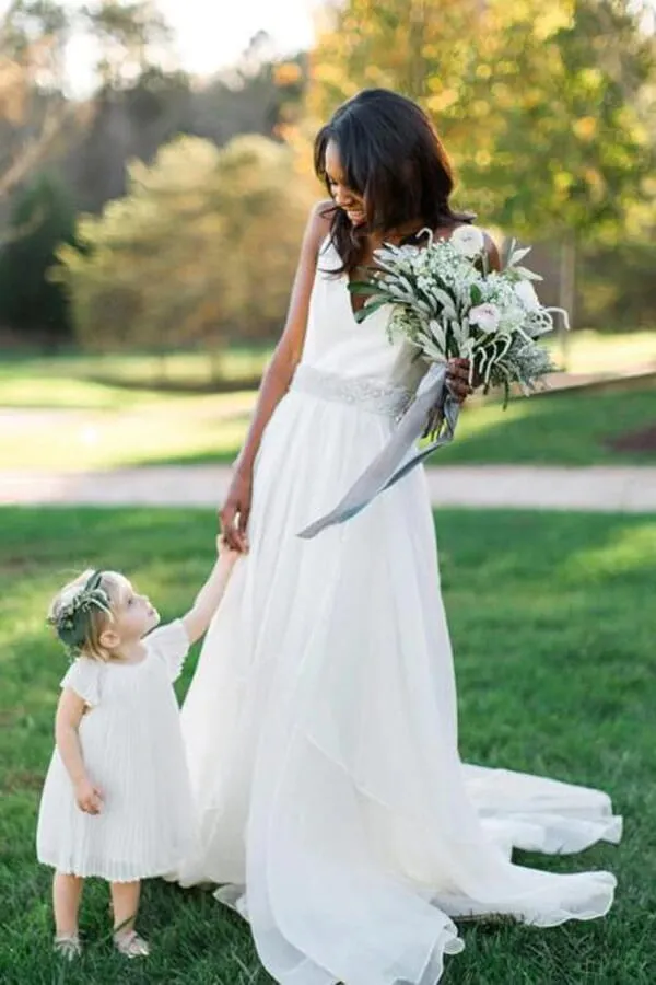 White Chiffon A-line V-neck Beaded Wedding Dresses, Wedding Gowns, MW702