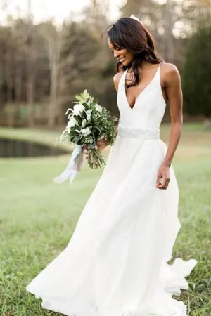 White Chiffon A-line V-neck Beaded Wedding Dresses, Wedding Gowns, MW702