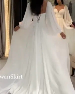 White Chiffon A-line Wedding Dresses Modest Full Sleeve 2021 Bridal Gowns Corset Back