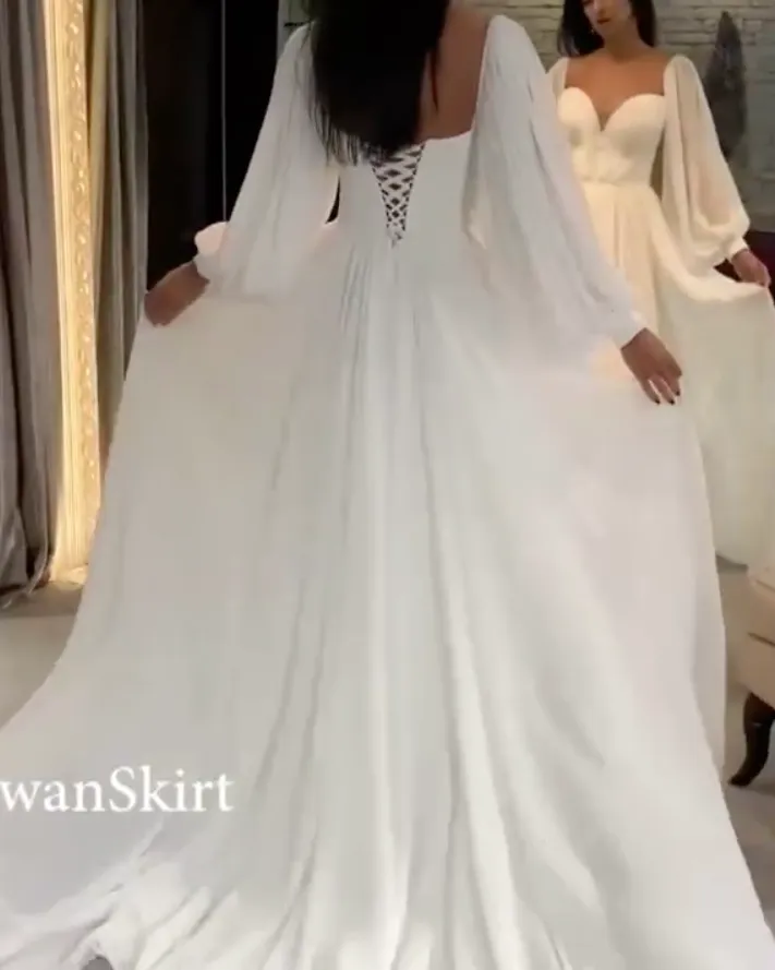 White Chiffon A-line Wedding Dresses Modest Full Sleeve 2021 Bridal Gowns Corset Back