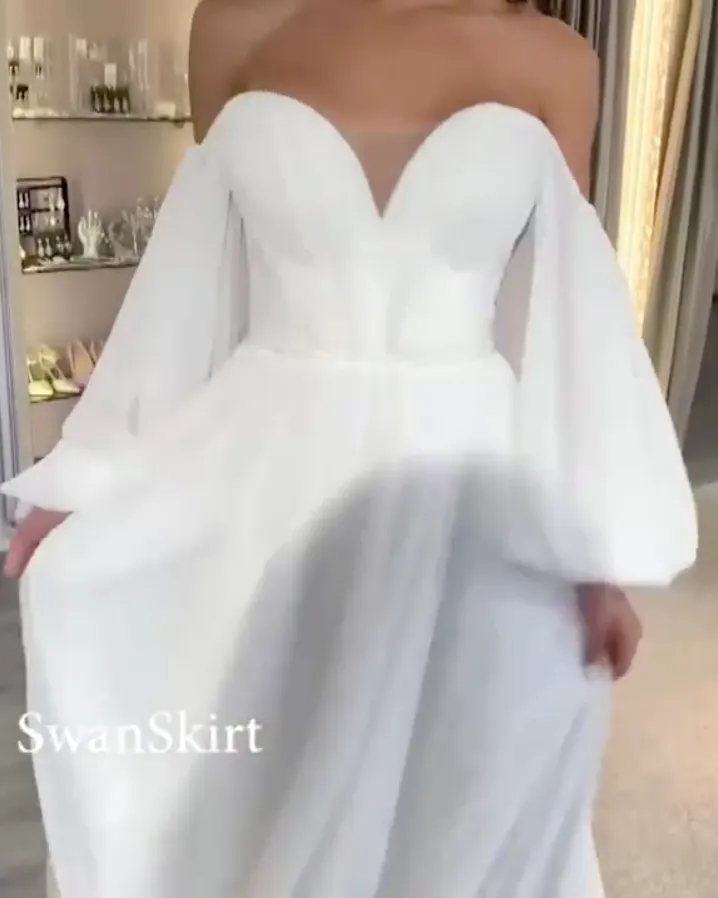 White Chiffon A-line Wedding Dresses Modest Full Sleeve 2021 Bridal Gowns Corset Back