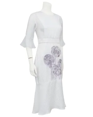 White Embroidered Silk Jacquard and Chiffon Dress