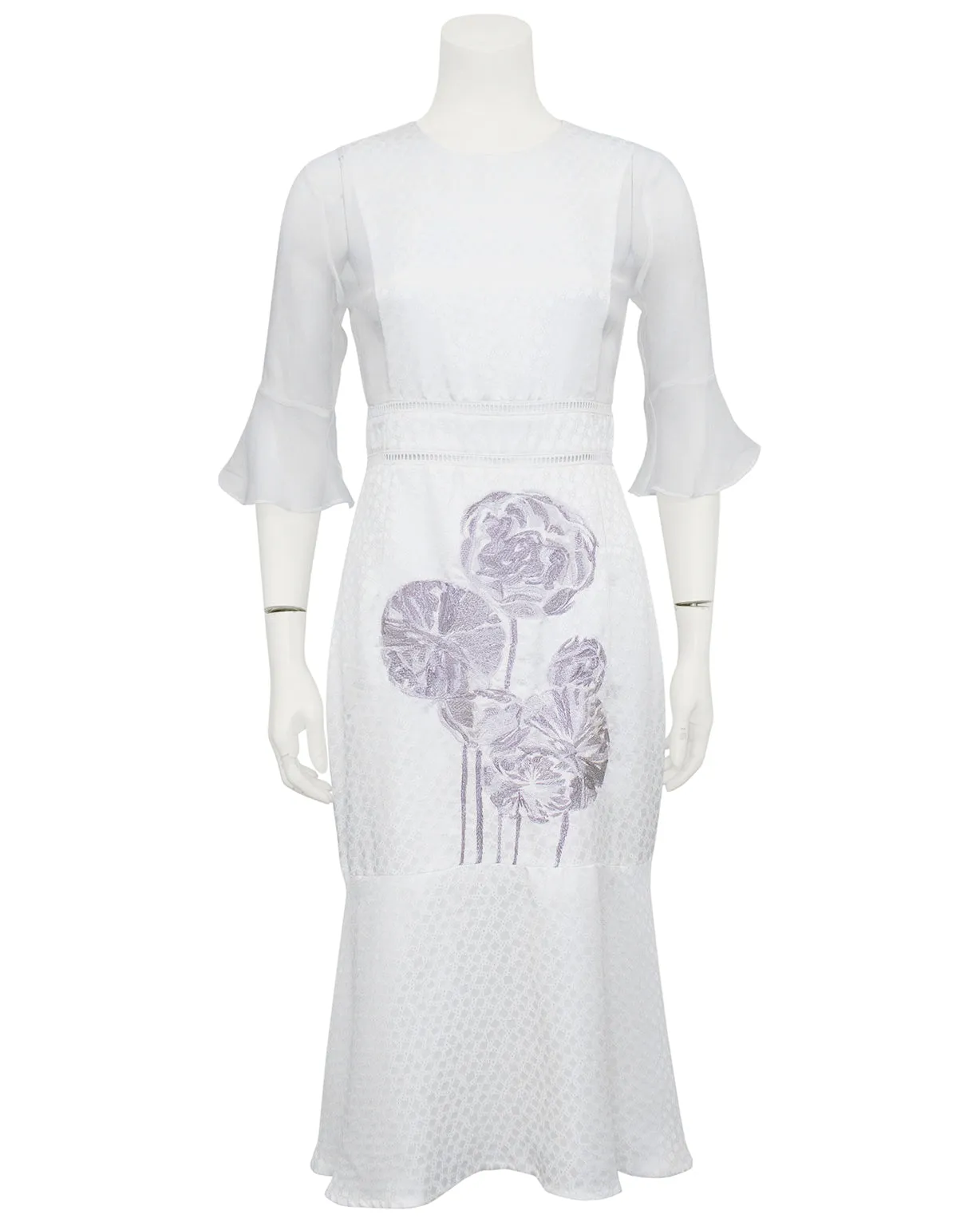 White Embroidered Silk Jacquard and Chiffon Dress