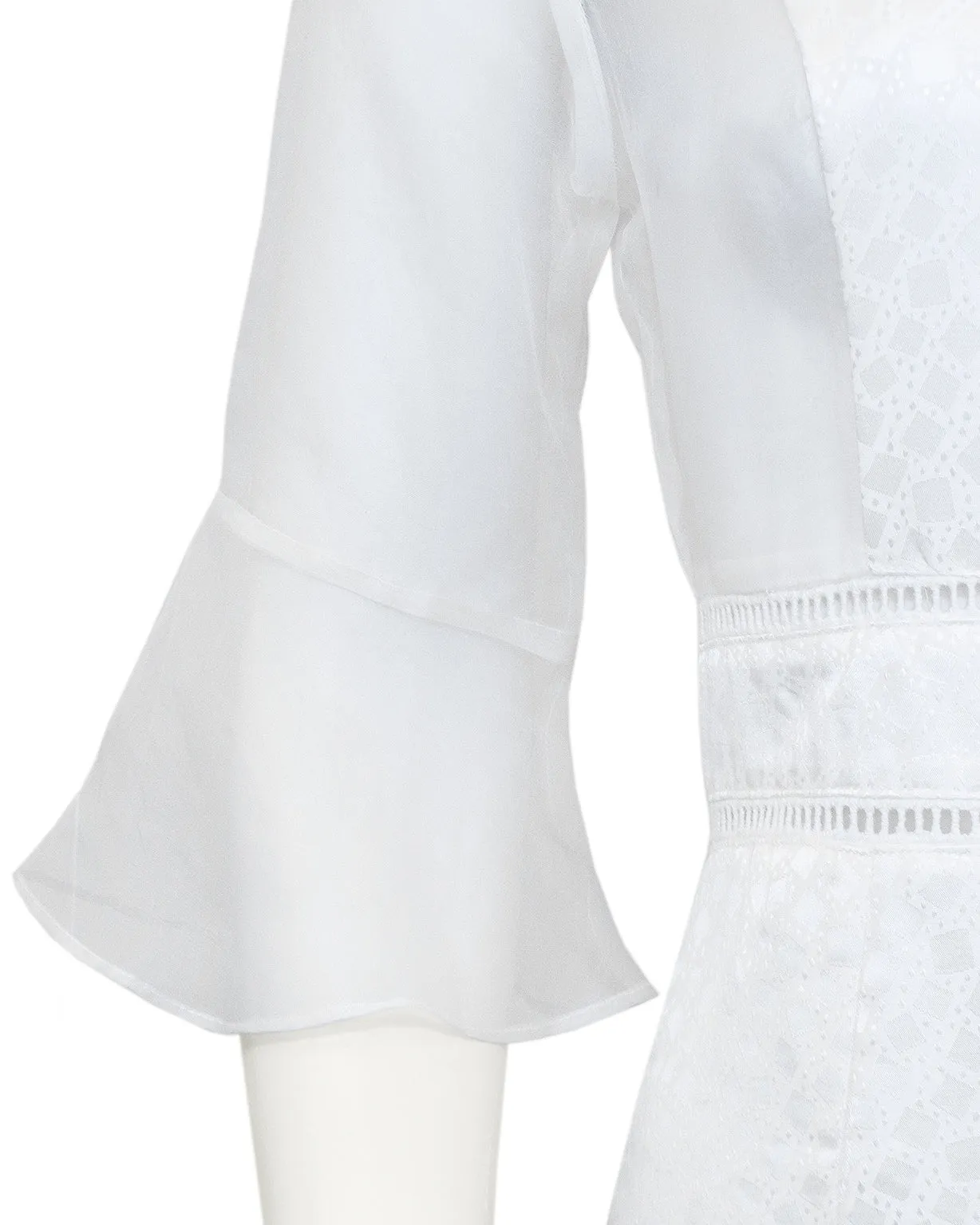 White Embroidered Silk Jacquard and Chiffon Dress