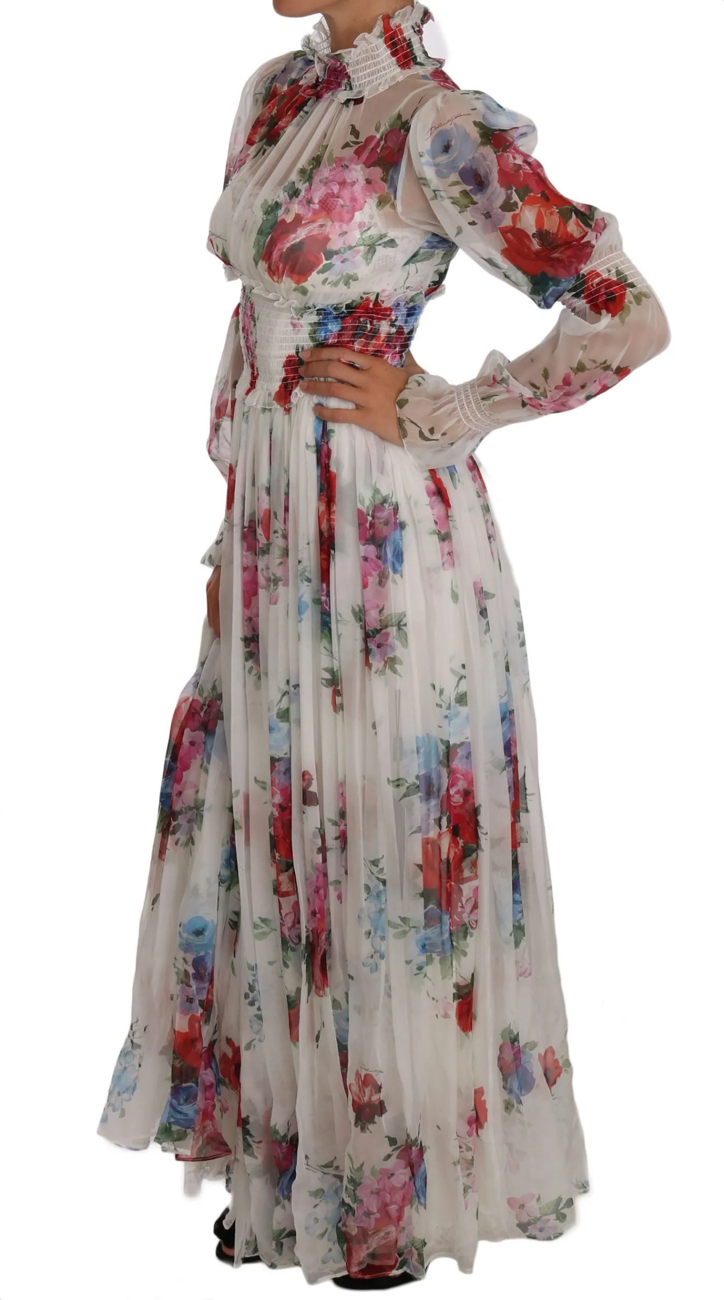 White Floral Silk Full Gown Maxi Dress