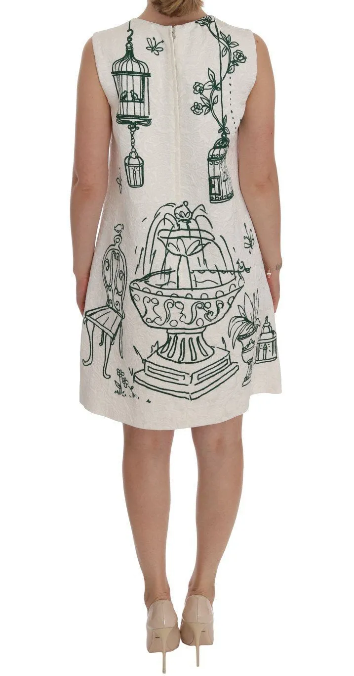 White Jacquard Green Sicily Print Dress