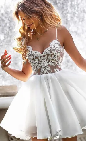 white prom dresses short lace appliqué beaded spaghetti straps chiffon cheap prom gown
