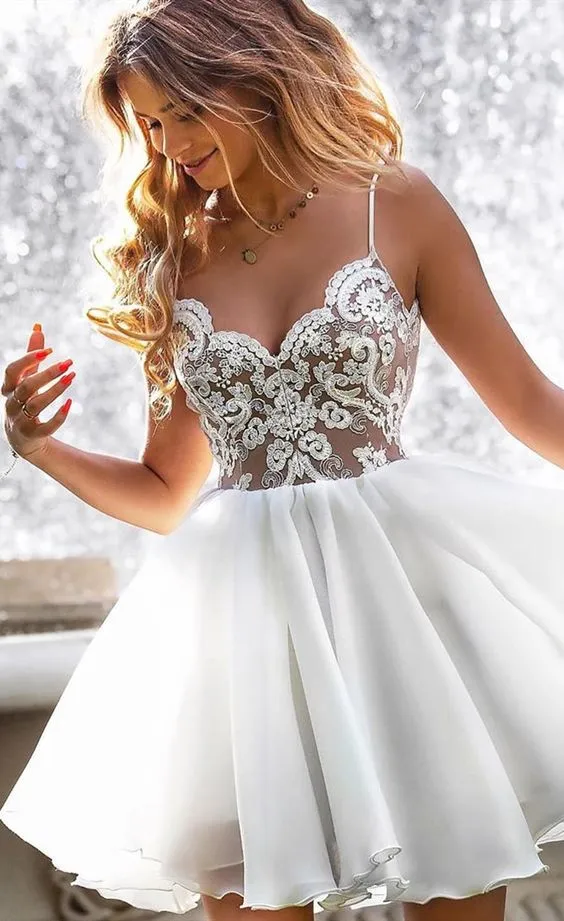 white prom dresses short lace appliqué beaded spaghetti straps chiffon cheap prom gown