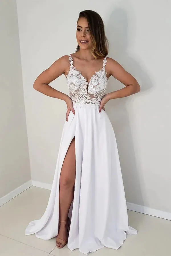 White Satin Lace Top A-line Wedding Dresses With Side Slit, Bridal Gowns, MW785