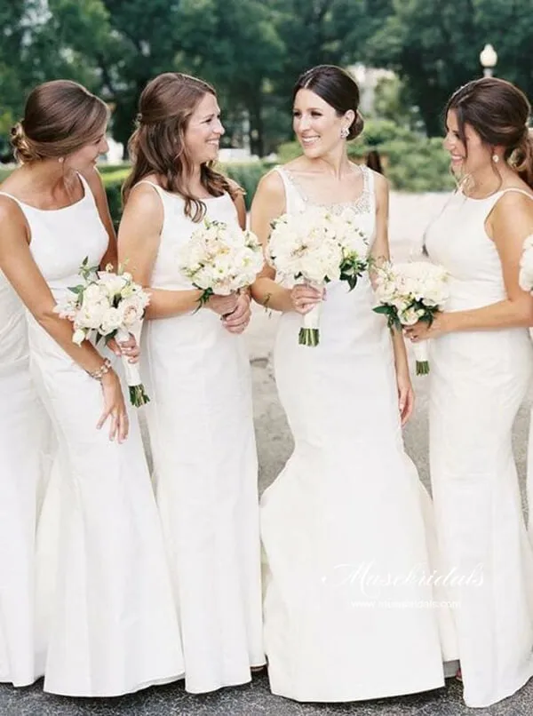 White Satin Mermaid Scoop Neck Modest Bridesmaid Dresses With Train, MBD262