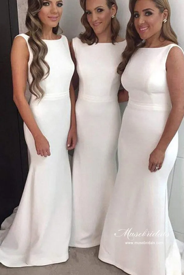 White Satin Mermaid Scoop Neck Modest Bridesmaid Dresses With Train, MBD262