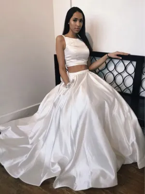 White satin two pieces long prom dress, white evening dress