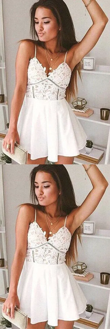 White Short Prom Dress, Spaghetti Straps Homecoming Dress, Graduation Gowns, SH395