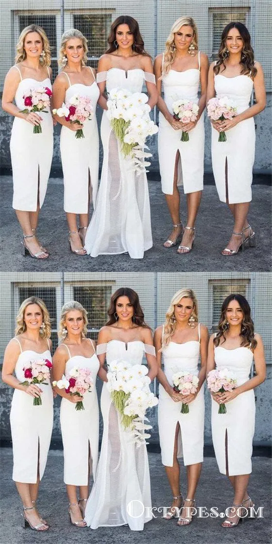 White Sweetheart Sleeveless Front Split Tea-Length Bridesmaid Dresses, TYP1806