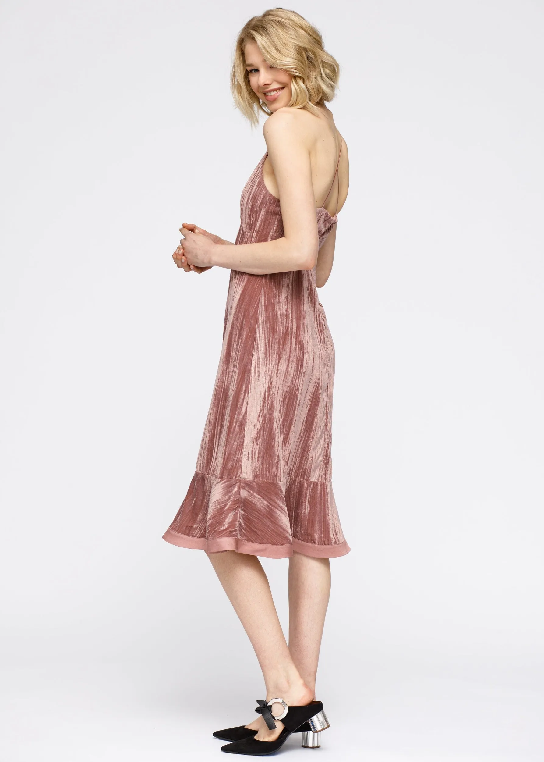 Women's Velvet Spaghetti Strap Ruffle Hem Midi Dress