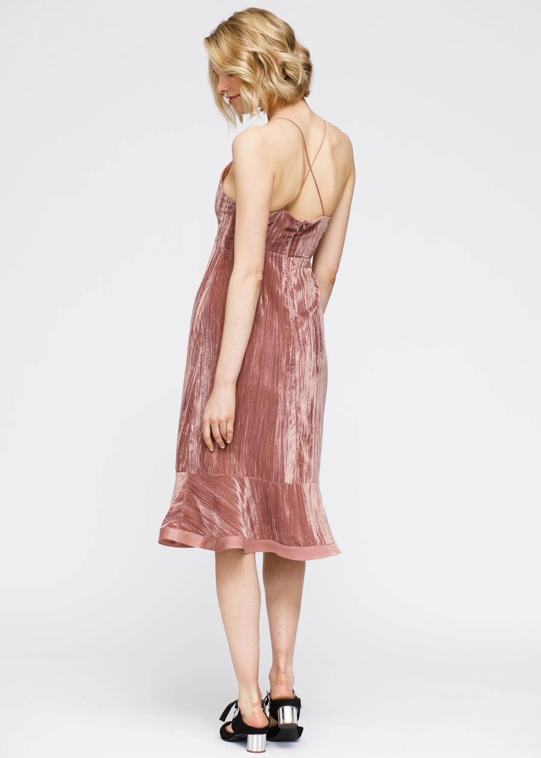 Women's Velvet Spaghetti Strap Ruffle Hem Midi Dress