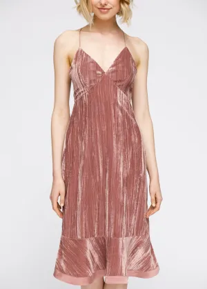 Women's Velvet Spaghetti Strap Ruffle Hem Midi Dress