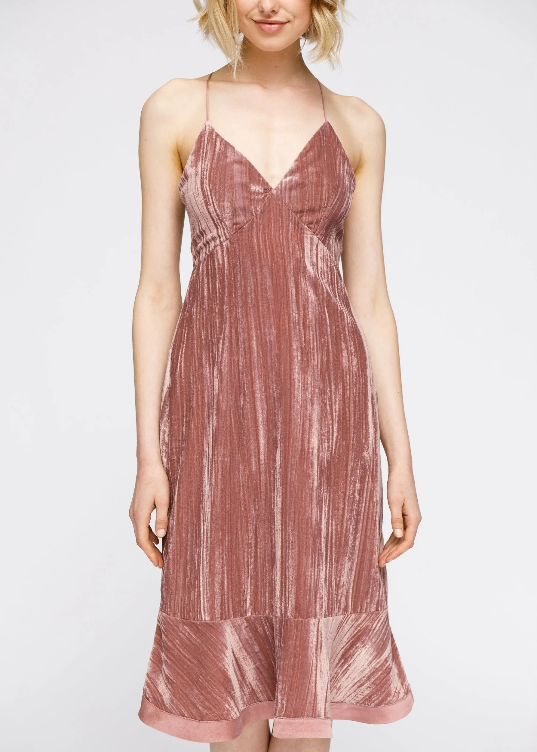 Women's Velvet Spaghetti Strap Ruffle Hem Midi Dress