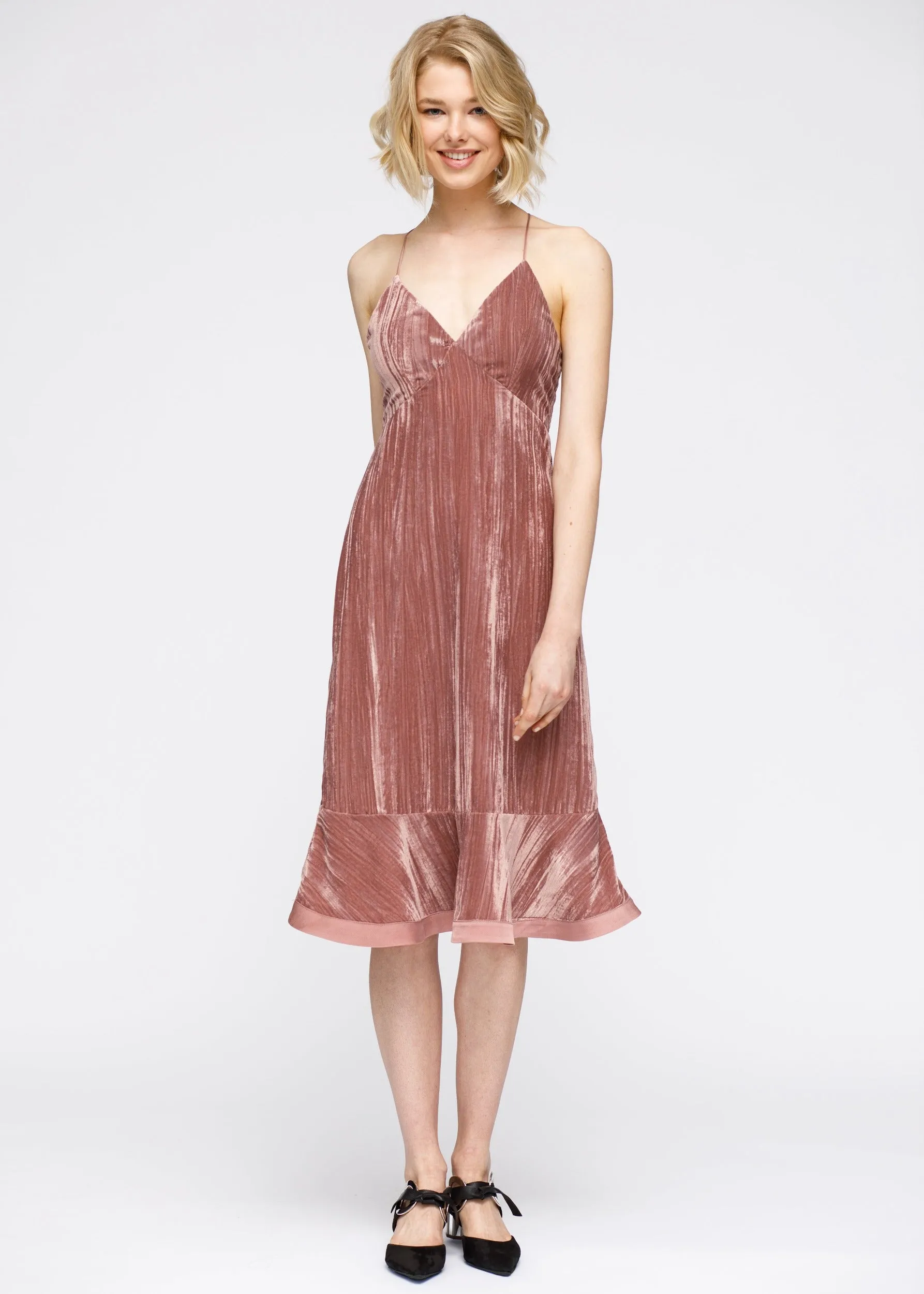 Women's Velvet Spaghetti Strap Ruffle Hem Midi Dress