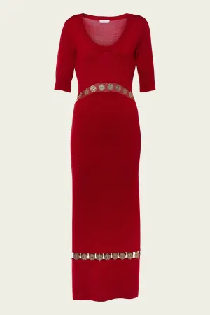 Wool-Blend Coin Detail Midi Dress in Red