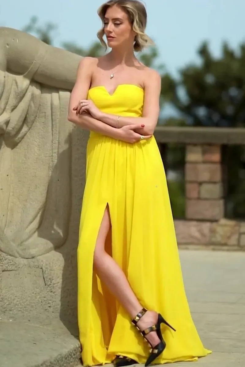 Yellow Chiffon Prom Long Dress with Side Split