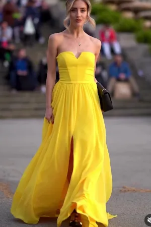 Yellow Chiffon Prom Long Dress with Side Split
