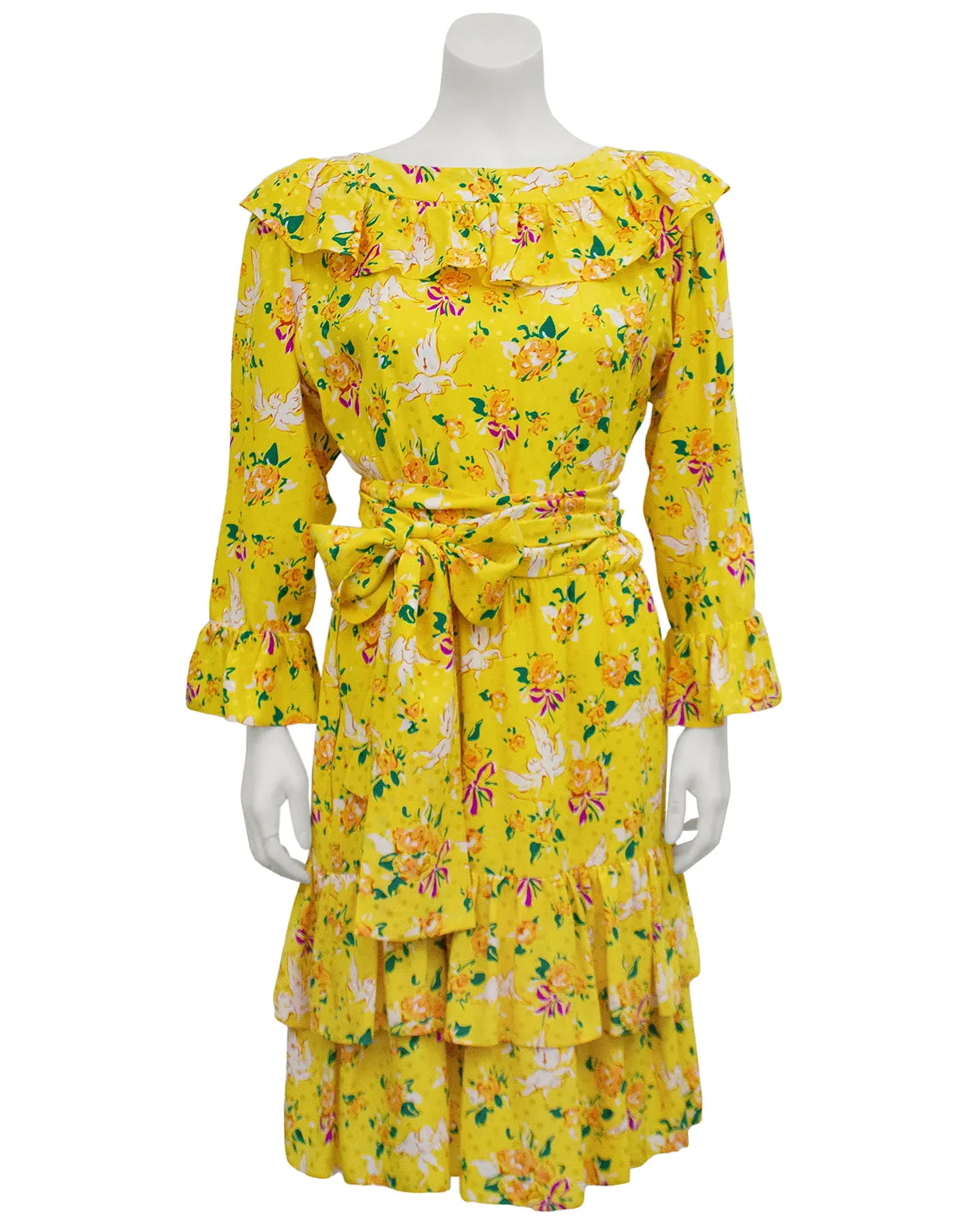 Yellow Floral & Cupid Silk Jacquard Dress