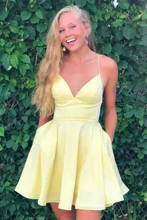Yellow Satin A-line Spaghetti Straps Homecoming Dresses, Short Prom Dress, MH576