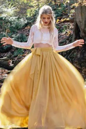 Yellow Two Pieces Long Sleeve Rustic Country See Through Wedding Dresses