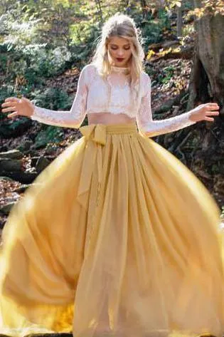 Yellow Two Pieces Long Sleeve Rustic Country See Through Wedding Dresses