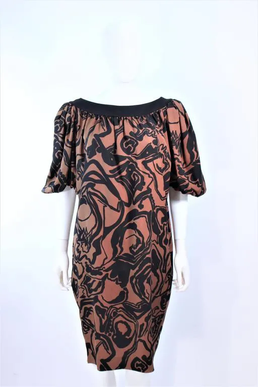 YVES SAINT LAURENT Brown Silk Abstract Floral Dress Size 36