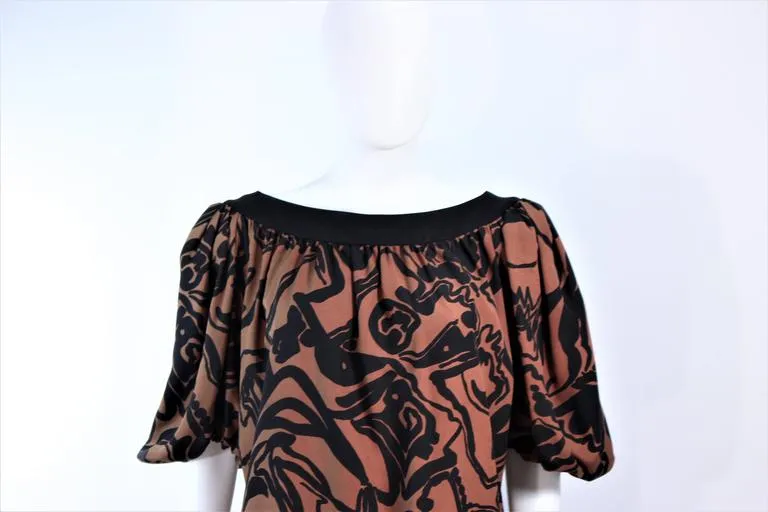 YVES SAINT LAURENT Brown Silk Abstract Floral Dress Size 36