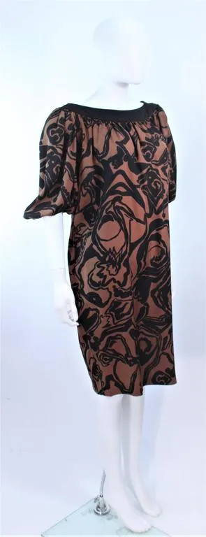 YVES SAINT LAURENT Brown Silk Abstract Floral Dress Size 36