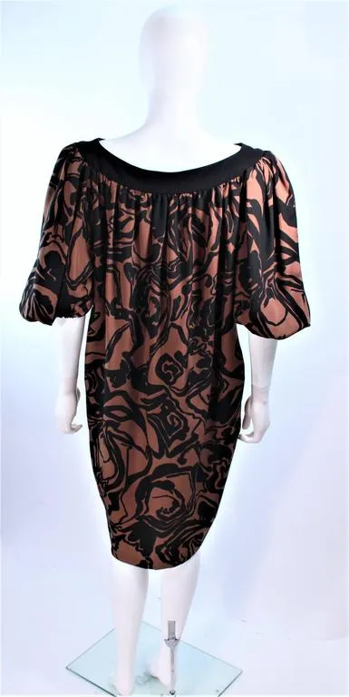 YVES SAINT LAURENT Brown Silk Abstract Floral Dress Size 36