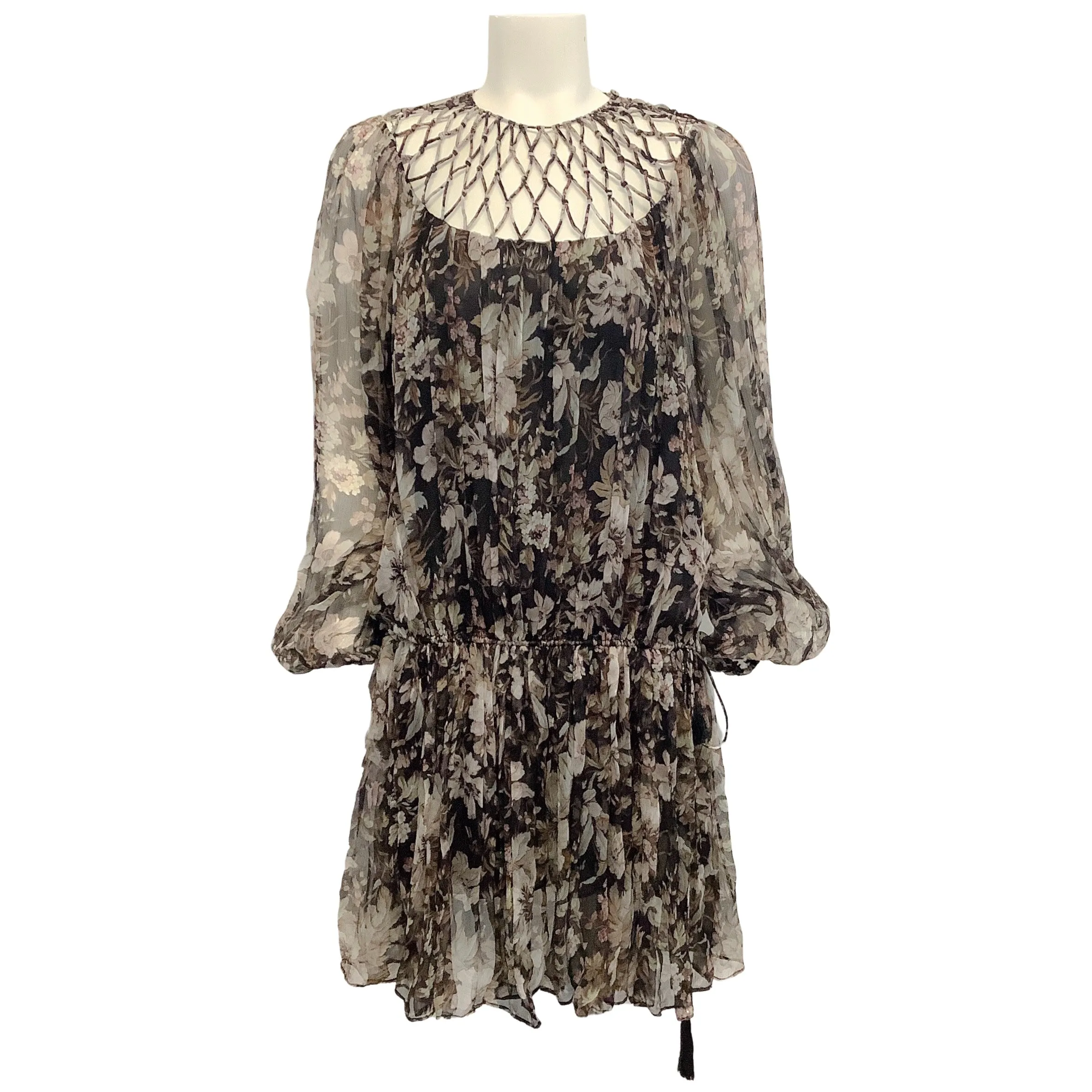 Zimmermann Taupe Floral Silk Chiffon Dress